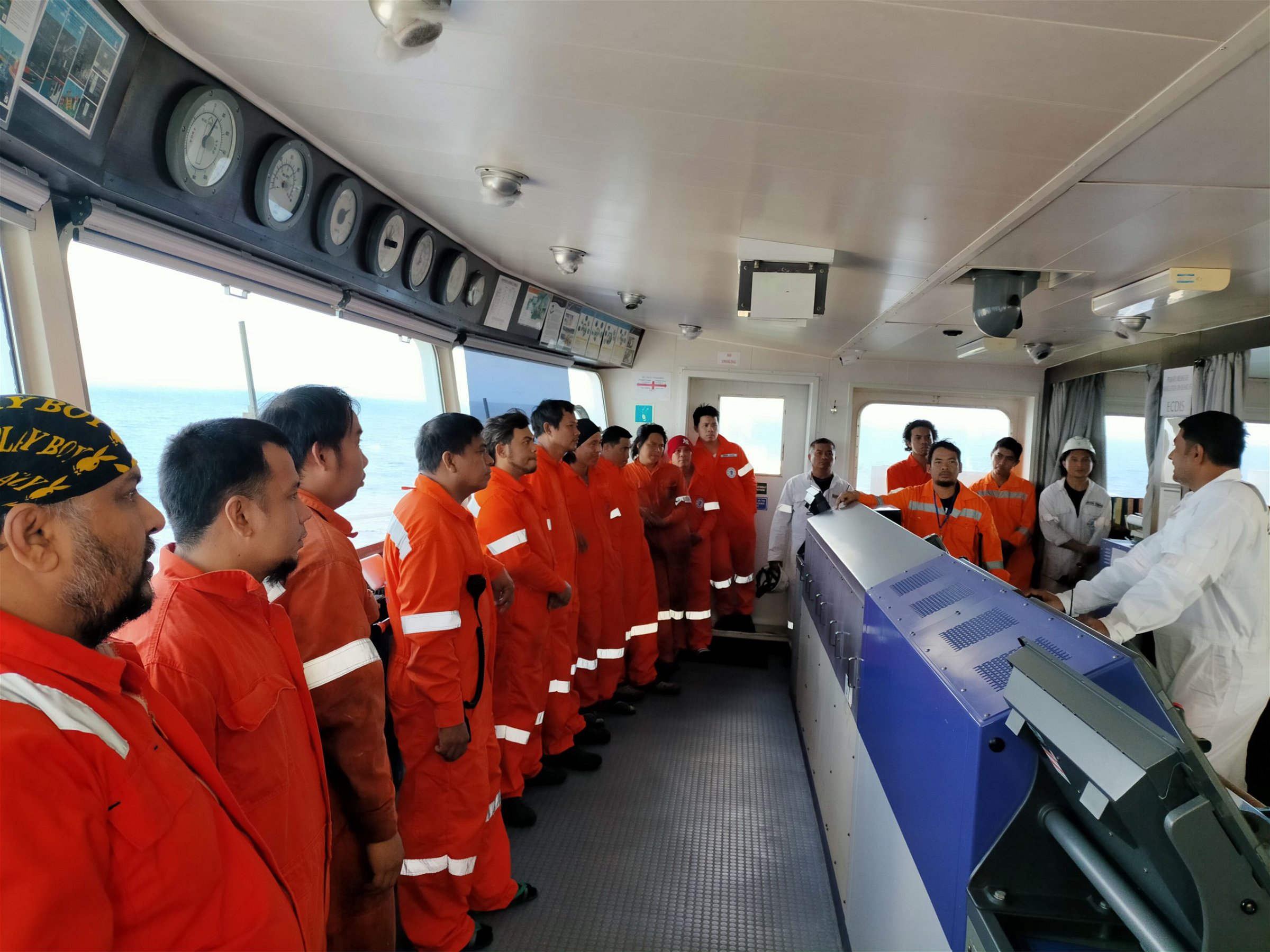 Safety meeting on board a cargo ship
